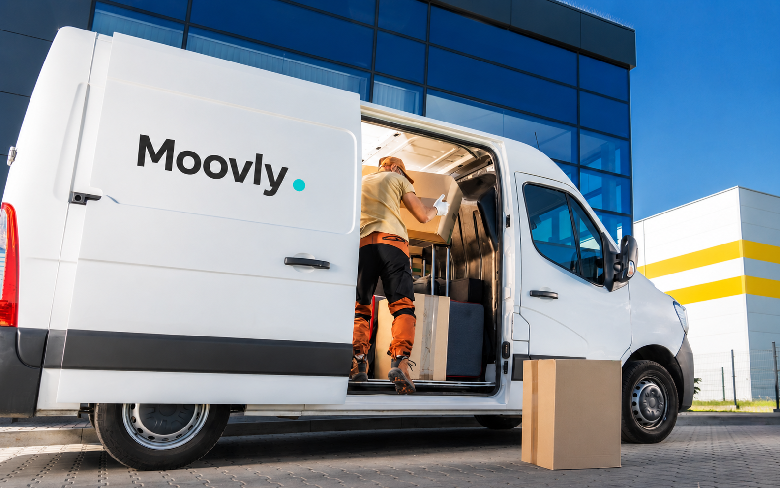 Moovly driver loading parcels into a branded delivery van outside a warehouse