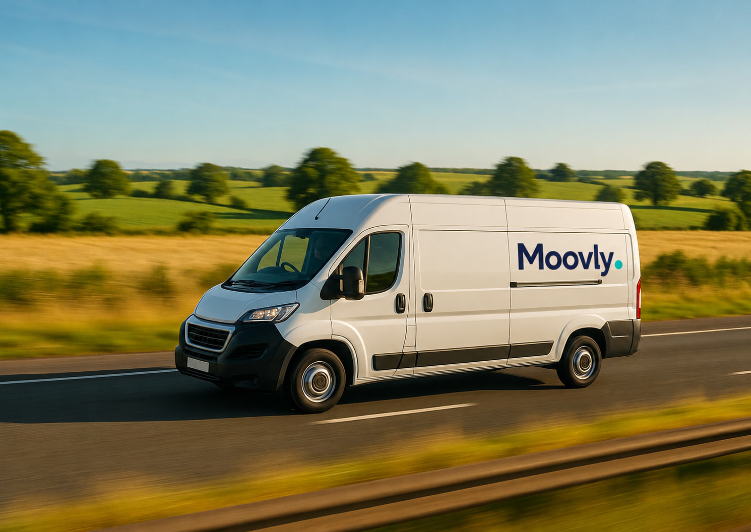 A branded Moovly delivery van driving along an open country road past green fields